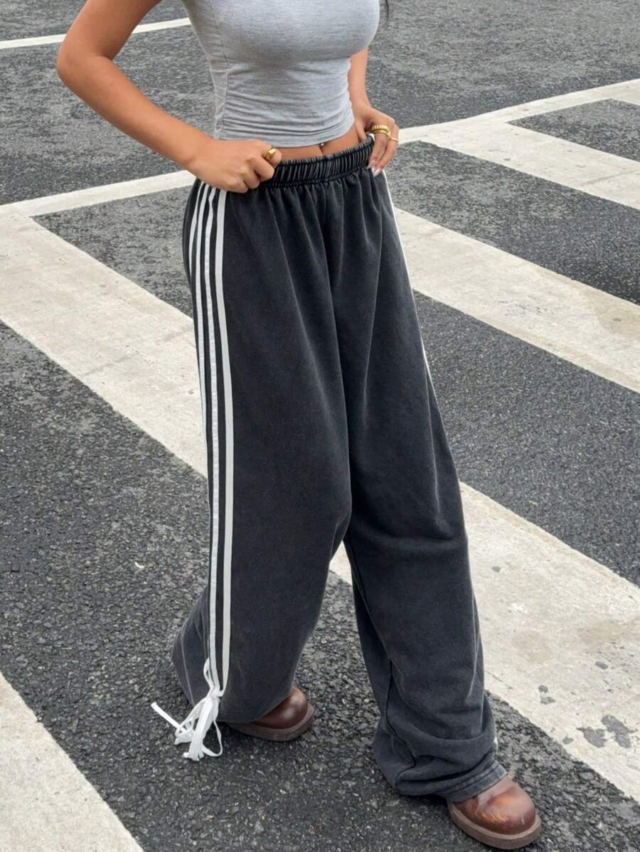 SHEIN EZwear 女式新款星空图案拼色腰带裤 - 黑色 - 查看 1