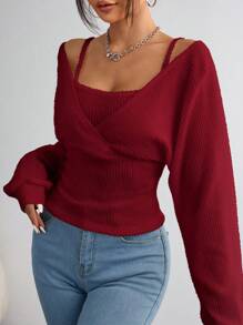 SHEIN EZwear Parte superior de punto de manga larga de ajuste regular de color liso casual para mujer - Rosa Roja - Ver 5