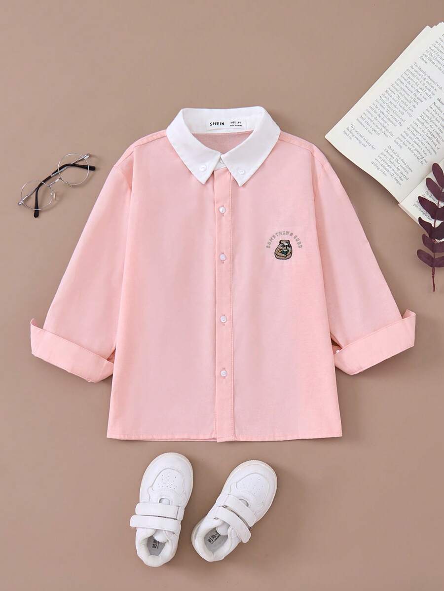 PrepCrw 年轻男孩休闲学院风土拨鼠刺绣编织修身领长袖纽扣衬衫，粉色和白色 - 粉色 - 查看 1