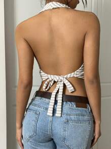 SHEIN EZwear Women's Fashion Sexy Striped Front Button Backless Halter Top - Beige - View 2