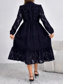SHEIN Clasi 加大码纯色前扣蕾丝装饰长袖优雅连衣裙，秋季长款女装 - 藏蓝色 - 查看 2