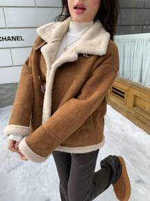 SHEIN MOD 女士休闲羊毛翻领前扣长袖常规夹克，冬季