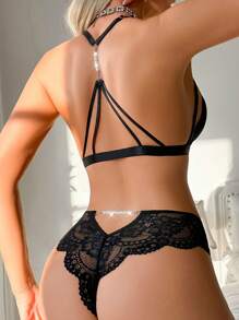 2pcs/Set Women Lace Wireless Bra Set - Black - View 2