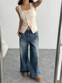 SHEIN EZwear 秋冬女士纯色前扣无袖口袋休闲西装外套 - 杏色 - 查看 5
