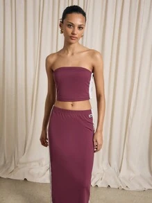 AiiRZ Bandeau Side Stripe Crop Top And Maxi Skirt Set - Burgundy - View 3