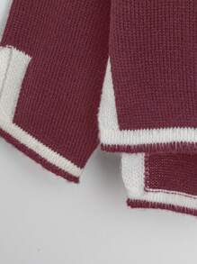 Plus Size Vrouwen Contrasterende Kleur Gebreide Ronde Hals Split Trim Colorblock Lange Mouw Top En Rechte Pijp Broek Casual Sets, Bordeauxrood Sweaterpak Voor Herfst/Winter