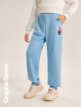Tween Girl Pocket Printing Casual Sweatpants For Daily Wear