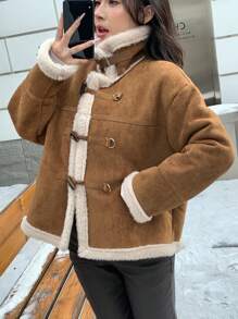 SHEIN MOD 女士休闲羊毛翻领前扣长袖常规夹克，冬季