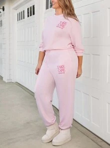 SHEIN LUNE Conjunto de 2 piezas de sudadera y pantalón de chándal con estampado de letras y cuello redondo para mujer talla grande, conjunto de atuendo de otoño/invierno y vacaciones