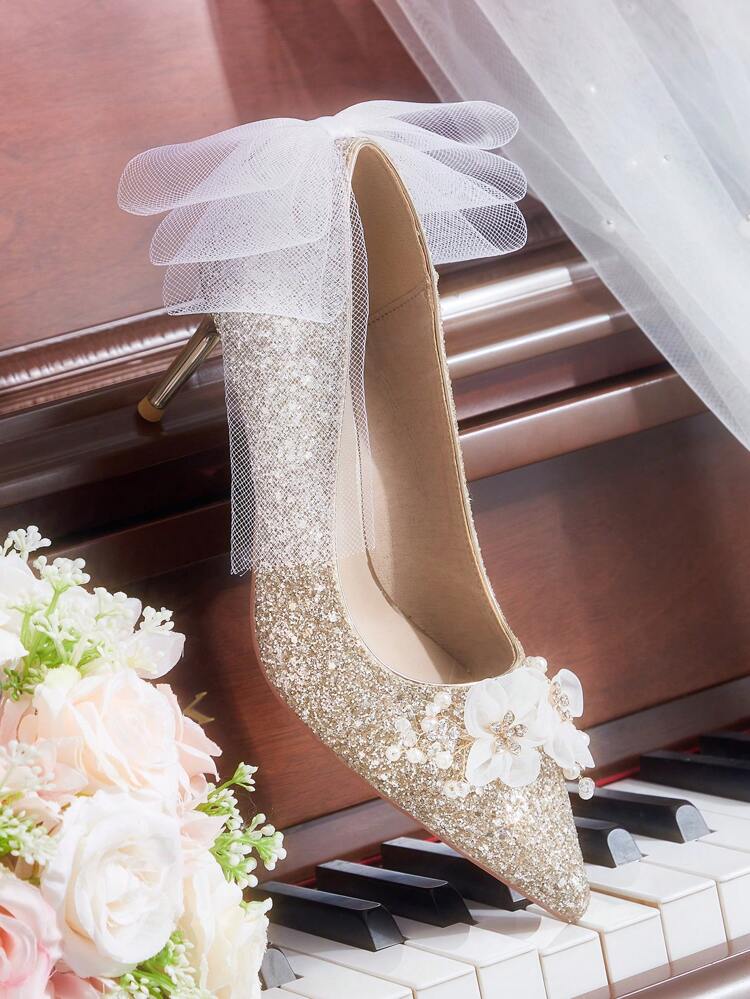CUCCOO HITCHD Zapatos de tacón alto elegantes para mujer con punta afilada, diseño de parche de malla y adornos florales, tacón de aguja dorado. Zapatos románticos para novia, dama de honor, fiestas y eventos formales, Día de San Valentín