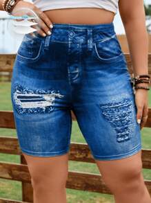 Calvaya Shorts biker con estampado efecto denim desgarro