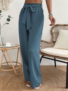 SHEIN LUNE 紙袋腰腰帶闊腿褲 - 青碧色 - 查看 6