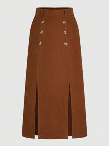 SHEIN Clasi Plus Size Women's Corduroy Front Slit A-Line Skirt