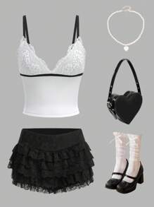 Sweetina 1 件 Y2k 女士性感外出撞色蕾丝吊带背心，性感贴身简约时尚