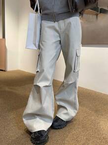 DAZY Dames effen kleur geplooide losse casual broek met wijde pijpen