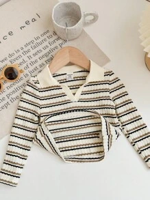 SHEIN LMoss Kids 女婴马球领条纹短款 T 恤，女童秋季休闲日常装 - 杏色 - 查看 6