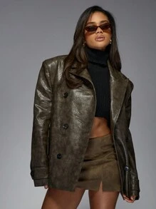 MISSGUIDED Blazer de piel sintética texturizada y extra grande, abrigo de doble botonadura de declaración de moda de diseñador para otoño e invierno, estilo de oficina y ropa de calle