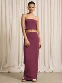 AiiRZ Bandeau Side Stripe Crop Top And Maxi Skirt Set - Burgundy - View 6