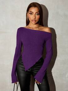 SHEIN SXY Grunge Asymmetrical Neck Rib-Knit Tee,Fall Womengoing Out Tops - Purple - View 3