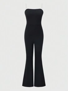 Teenage Girls Simple Transparent Strap One-Piece Jumpsuit, Knitted, Solid Color, Everyday Wear