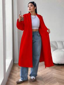 Flirla Plus Size Lapel Front Open Dropped Shoulder Belted Coat - Red - View 7