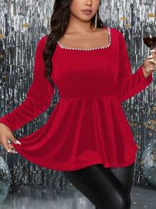 SHEIN Clasi Plus Size Elegant Party Beaded Decor Waist Fitted T-Shirt - Red - View 5
