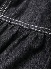 DAZY Women's Wide Strap Pleated Casual Long Denim Dress