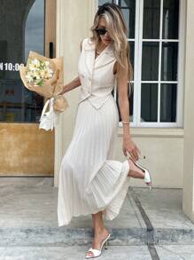 SHEIN Frenchy 2pcs Elegant Commute Outfit Set: Solid Color Double-Breasted Vest + Pleated A-Line Skirt Summer