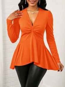 SHEIN Lady T-shirt élégant à manches bouffantes torsadées de couleur unie pour femmes, automne