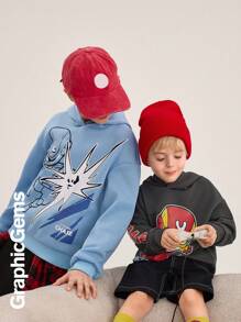 Tween Boys Casual Letter & Cartoon Print Round Neck Drop Shoulder Long Sleeve Hoodie And Pants 2 Pieces Clothes Set, Autumn/Winter