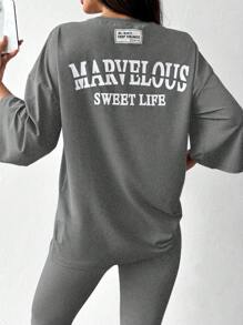 Mulvari 2pcs Women's Set: Round Neck Long Sleeve Letter Print Minimalist Top & Pants