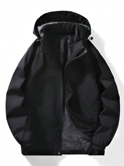 Manfinity Sport Corelite Boyfriend Style Men's Solid Color Front Zip Up Long Sleeve Minimalist Casual Hooded Sweatshirt Puffer Men Jacket Fleece Men's Winter Fashion New Style Warm Coat, With Pockets, Zipper, Comfortable Fabric, Suitable For Daily Life, Work, Travel, Running, Leisure, Office, Fitness, Outdoor Wear.