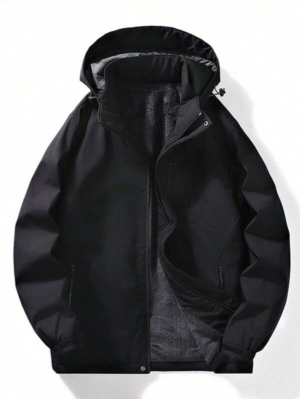 Manfinity Sport Corelite Boyfriend Style Men's Solid Color Front Zip Up Long Sleeve Minimalist Casual Hooded Sweatshirt Puffer Men Jacket Fleece Men's Winter Fashion New Style Warm Coat, With Pockets, Zipper, Comfortable Fabric, Suitable For Daily Life, Work, Travel, Running, Leisure, Office, Fitness, Outdoor Wear.