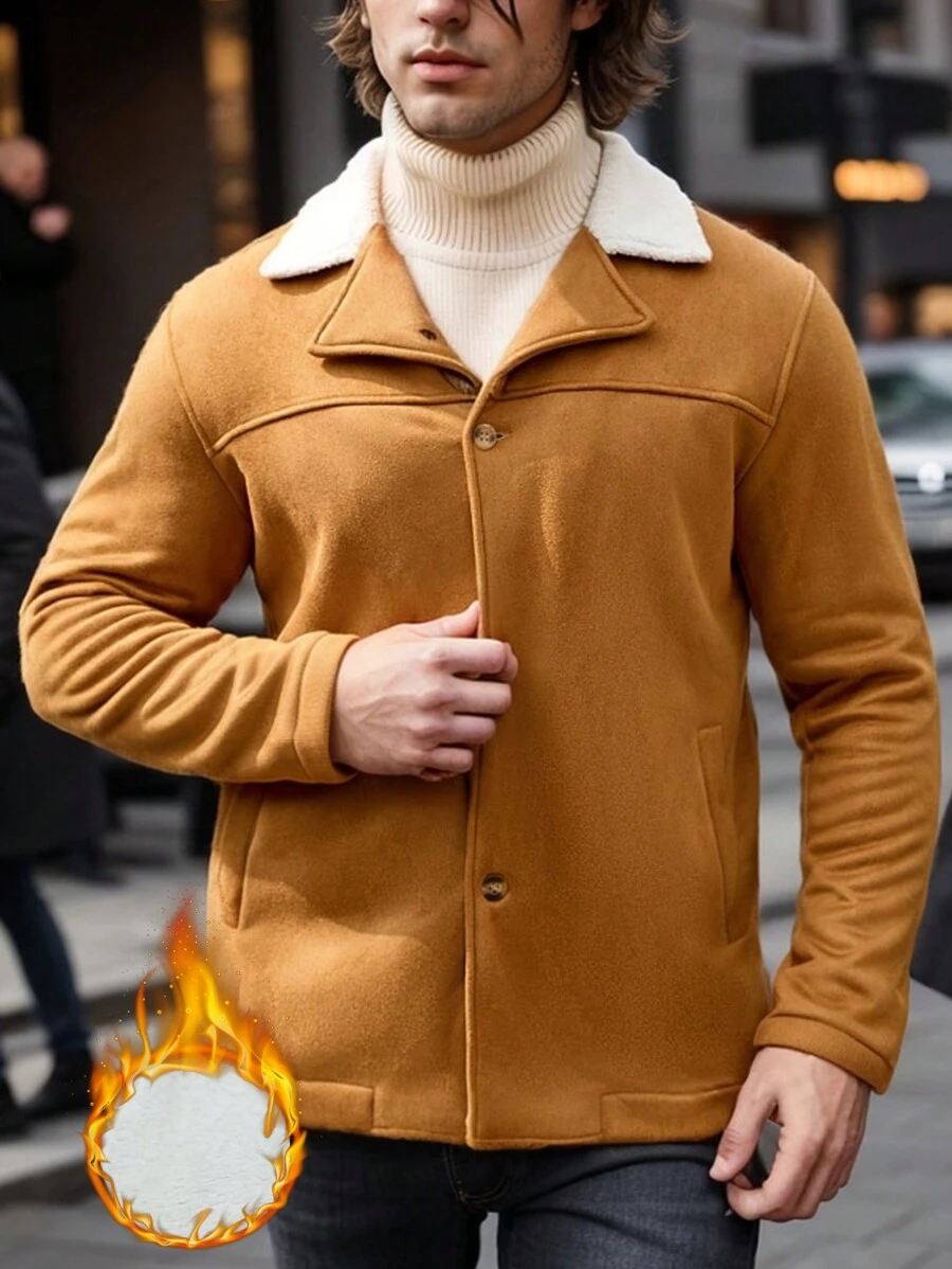 Manfinity Homme Chaqueta casual de una sola hilera de botones con cuello de solapa y mangas largas de color block para hombres, de gamuza, para otoño e invierno, chaqueta de hombre, cálida y esponjosa para el invierno, regalo para el novio, chaqueta cálida de salida en color caqui - Mostaza Amarilla - Ver 1