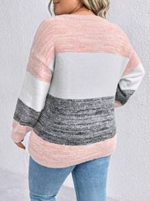 SHEIN CURVE+ Plus Size Women Contrast Color Striped Round Neck Long Sleeve Knit Sweater, For Winter - Baby Pink - View 2