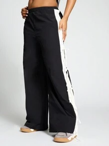 SUMWON WOMEN 高腰运动慢跑裤，带侧蝴蝶结细节，弹性脚踝运动休闲裤，舞蹈训练健身休闲街头休闲裤 - 黑與白 - 查看 1