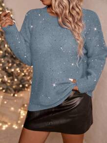 SHEIN LUNE Suéter de cuello redondo de unicolor y talla grande, casual y de moda para el uso diario