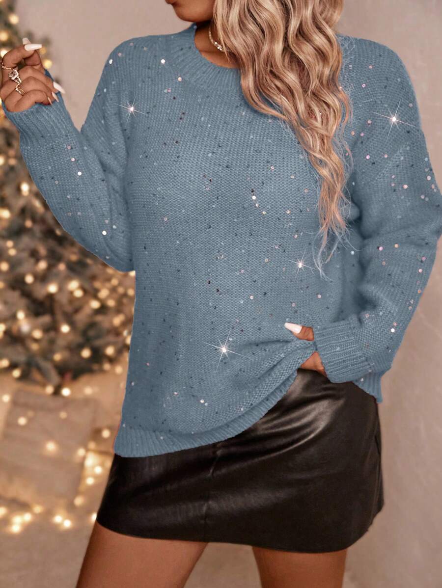 SHEIN LUNE Plus Size Solid Color Crew Neck Pullover Sweater, Casual & Fashionable For Daily Wear Knit Pullover Fall Winter Sweater - Royal Blue - View 1