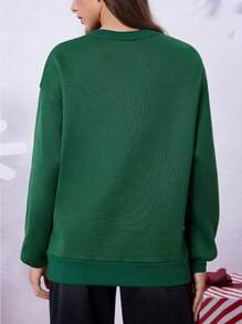 THE POLAR EXPRESS X SHEIN Women Green Santa Claus Graphic Print Fleece Sweatshirts, For Christmas Winter Christmas Sweatshirt Crew Neck Sweatshirt Warm  Cold Weather  Thermal New Year Eve Holiday - Green - View 2