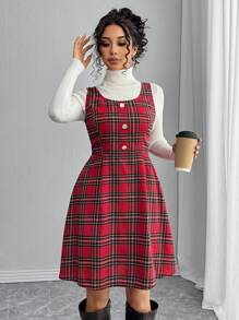 Chiquease Women's Sleeveless Button-Up Plaid Casual Crew Neck A-Line Pinafore Dress - Red - View 3