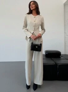 Aloruh 女士办公室/通勤杏色修身长袖上衣 + 全长直筒裤套装 - 杏色 - 查看 8