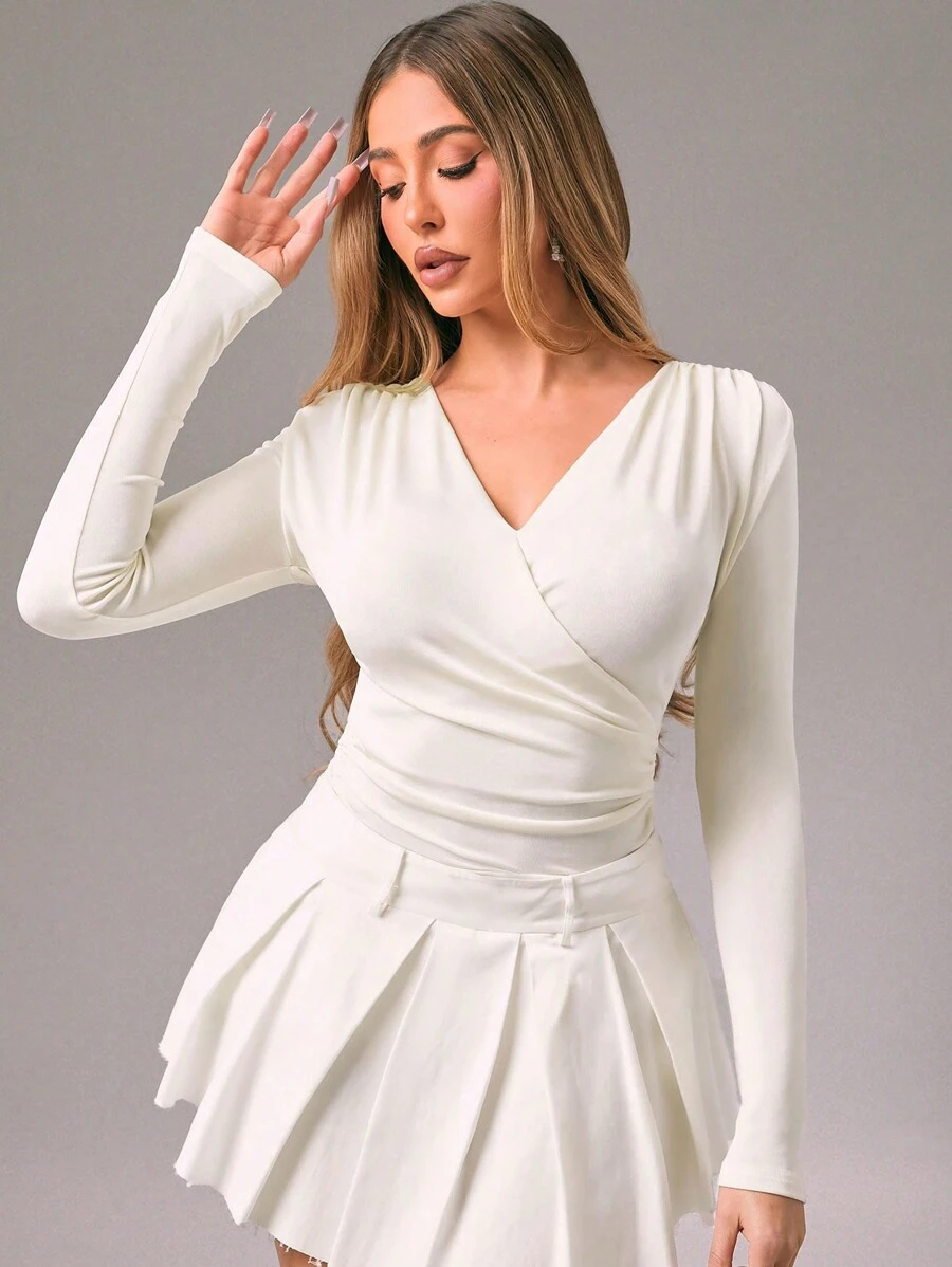 Zolique 女士优雅V领长袖褶皱上衣，休闲日常穿着 - 米色 - 查看 1