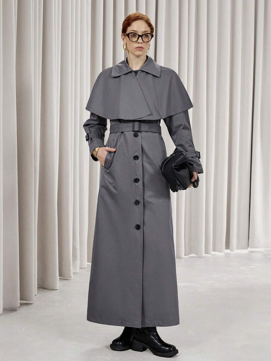 SHEIN Privé French Vintage Luxurious Collar Buttoned Front Long Trench Coat With Fabric Belt For Women, Formal Commuter Fashion Teacher Work Wear Fall Cloth For Women - Grey - View 1