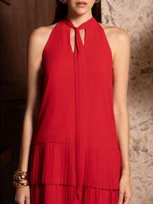 VERO DIAZ 设计师优雅红色雪纺褶皱无袖系带领褶皱分层荷叶边长款派对礼服、节日装、春夏装、节日、狂欢装 - 紅色 - 查看 3
