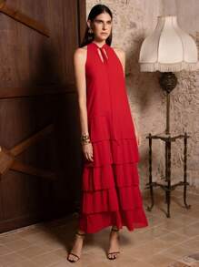 VERO DIAZ 设计师优雅红色雪纺褶皱无袖系带领褶皱分层荷叶边长款派对礼服、节日装、春夏装、节日、狂欢装 - 紅色 - 查看 4