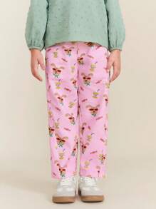 SHEIN Young Girl's Elastic Waist All-Over Print Casual Pants, Suitable For Daily Wear - Pink - View 1