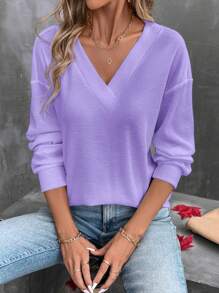 SHEIN LUNE Camiseta de manga larga con cuello en V de unicolor minimalista para mujer, informal para uso diario