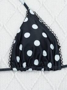 Swim Mod 女士波尔卡圆点印花高腰前系带抹胸比基尼套装夏季 - 黑與白 - 查看 7