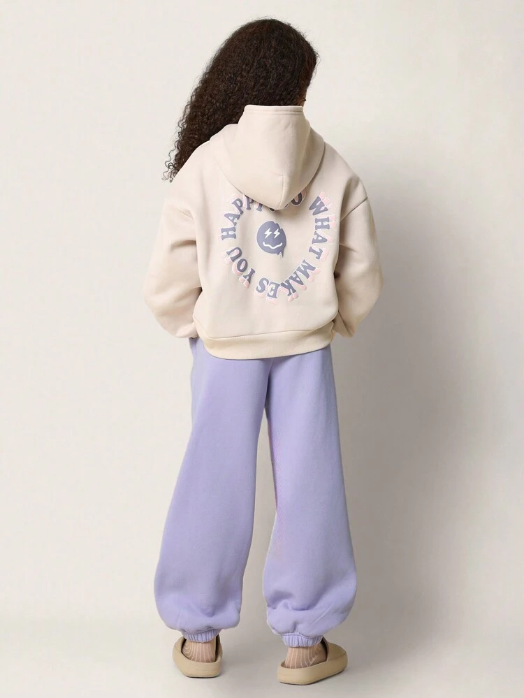 Cropped Hoodie And Jogger Sweatpants With Happy Face Print