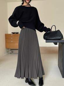 DAZY 女士休闲纯色简约A字裙，秋冬新品 - 灰色 - 查看 6